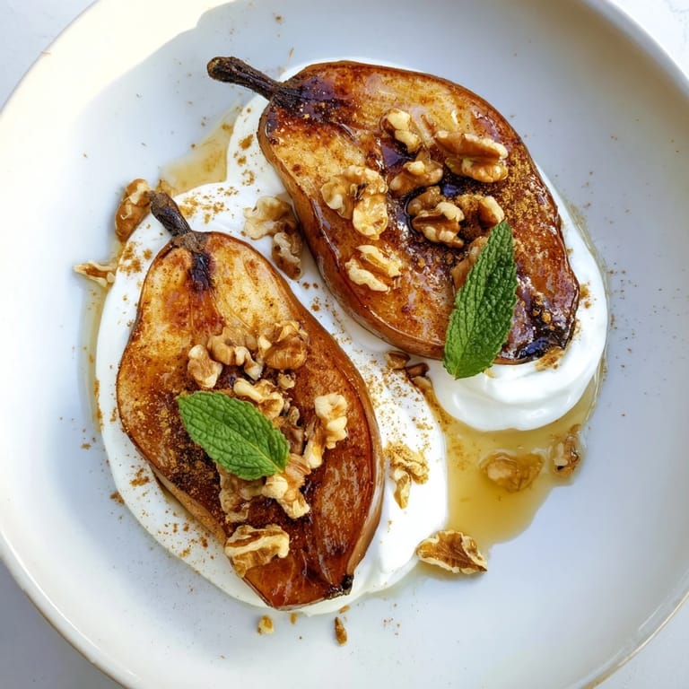 A warm bowl of tender roasted pears, the cinnamon flavor complementing the Greek yogurt and walnuts.
