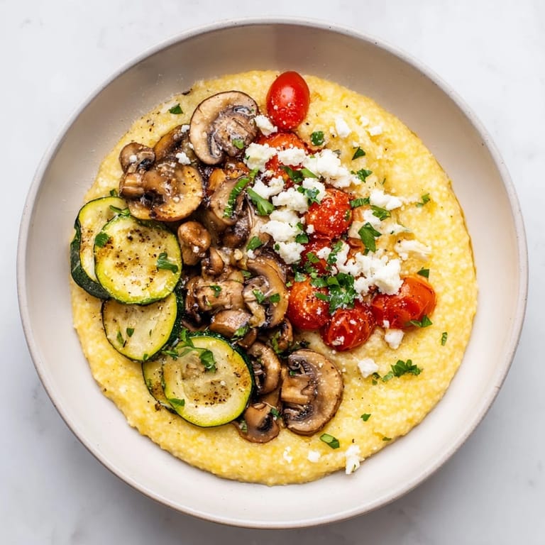 Creamy Cornmeal Mush Polenta Bowls served with fried eggs, mushrooms, and a drizzle of olive oil.