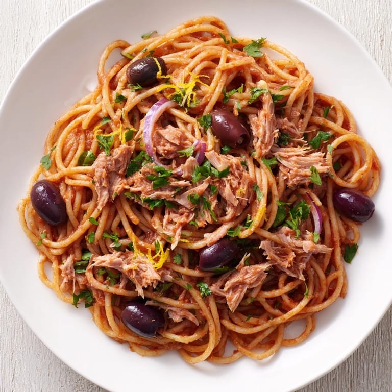 Delicious Pasta with Tuna, Olives & Capers, filled with flakes of tuna and tangy olives.