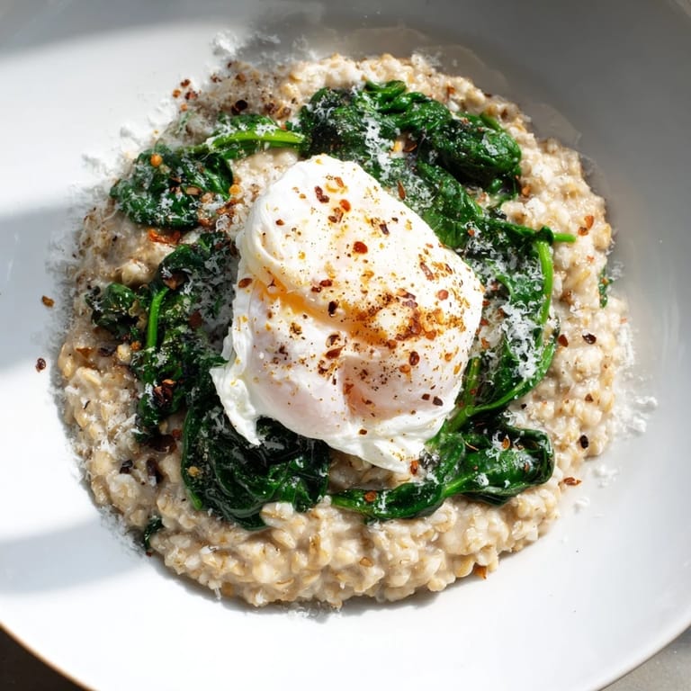 Warm, comforting bowl of savoury oatmeal topped with vibrant green spinach and a perfect egg.
