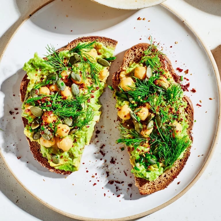 Vibrant avocado toast featuring a layer of mashed avocado, flavorful chickpeas, and fresh green herbs.