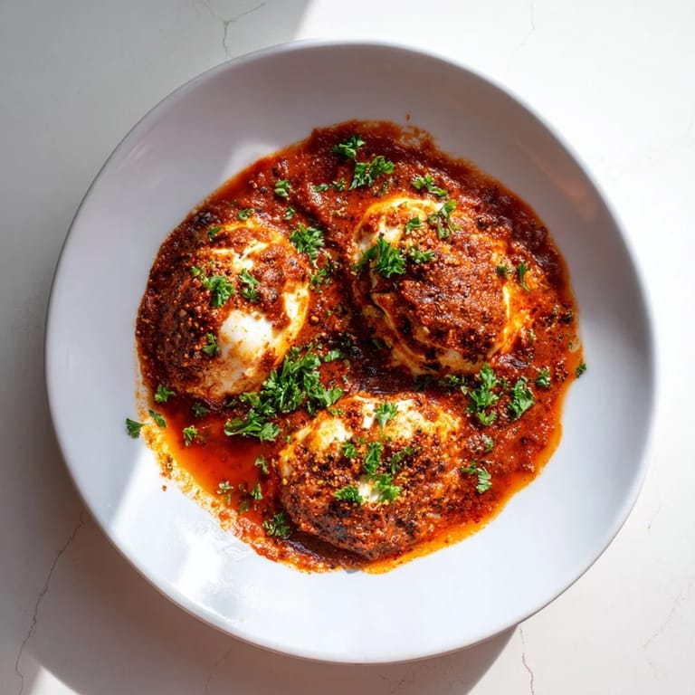 Fragrant Savoury Baked Eggs in Tomato Sauce, served with crusty bread, a colorful Middle Eastern brunch.