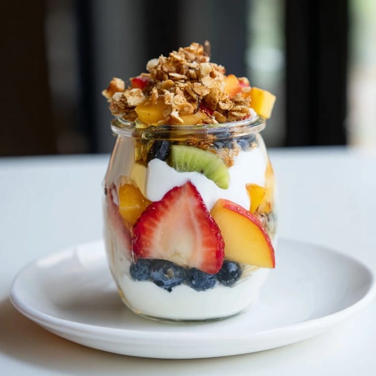 A beautiful Yogurt Parfait displays creamy yogurt, colorful fruit, and golden granola, ready to eat.