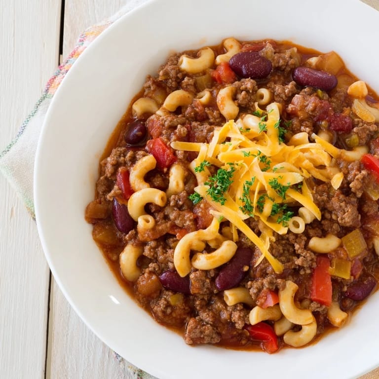 Mouthwatering image of a finished Cheeseburger Chili Mac Skillet, ready to serve with bubbly, melted cheese.