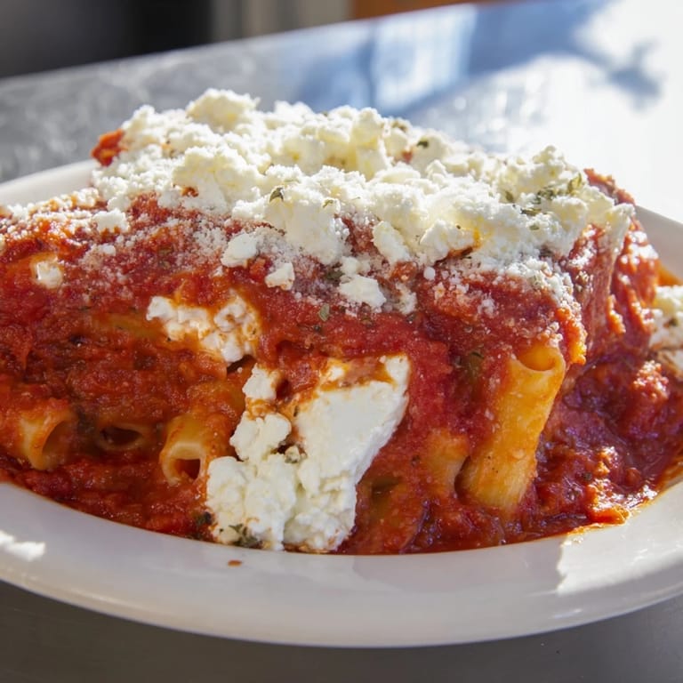 Warm and comforting: A slow cooker photo of creamy, layered Slow Cooker Baked Ziti with herbs and cheese.