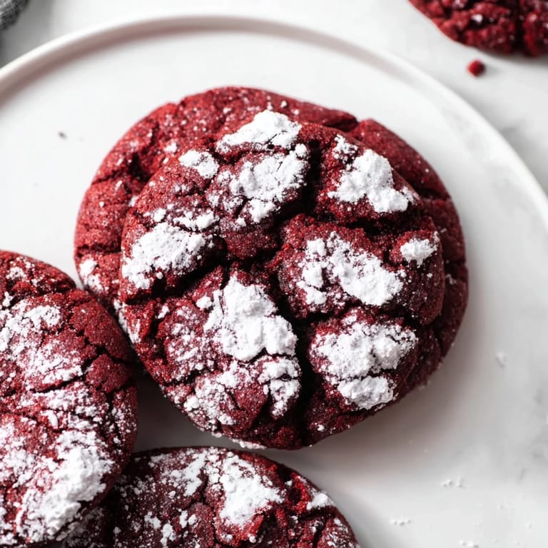 Cracked surface of freshly baked Red Velvet Chocolate Crinkle Cookies, perfect for dessert tonight.