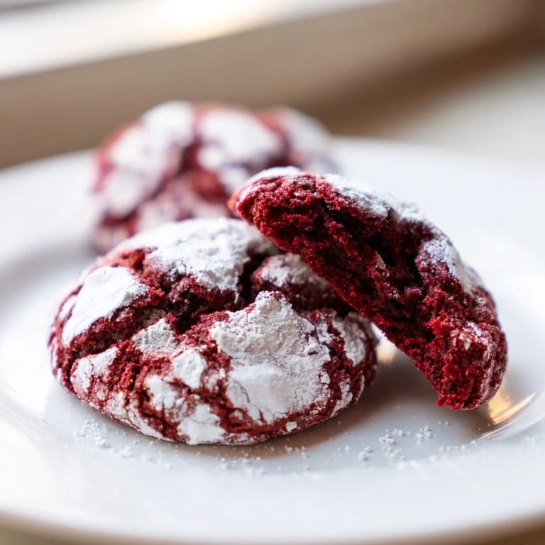 Warm, crinkled Red Velvet Chocolate Crinkle Cookies, a vibrant red treat for any celebration.