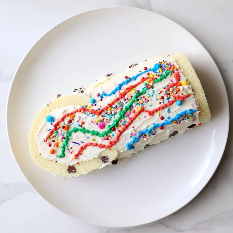 A close-up of a decorated Ugly Sweater Cake Roll, displaying fun holiday patterns and candies.
