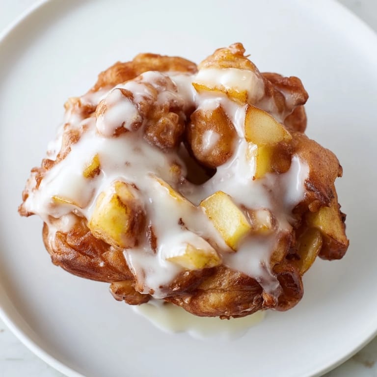 A stack of warm homemade apple fritters, slightly glazed and smelling of cinnamon and cooked apples.