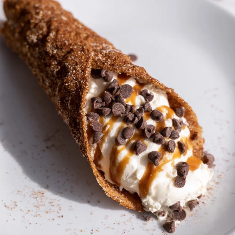 Golden-brown Quick Churro Cheesecake Cones, dusted with cinnamon sugar and topped with chocolate chips.