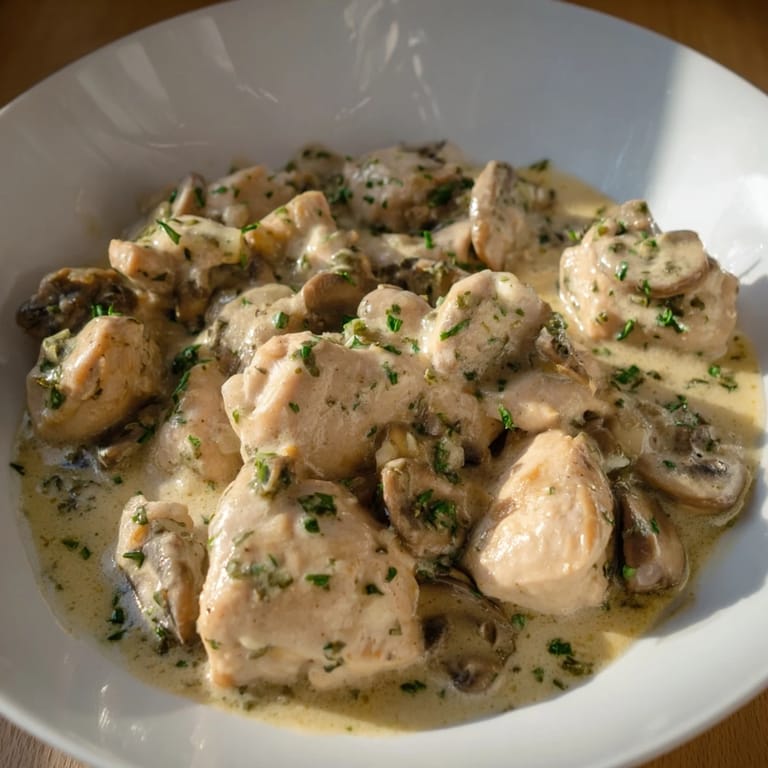 Tender chicken and earthy mushrooms in a rich, creamy sauce, a beautiful Tarragon Chicken & Mushroom Skillet.