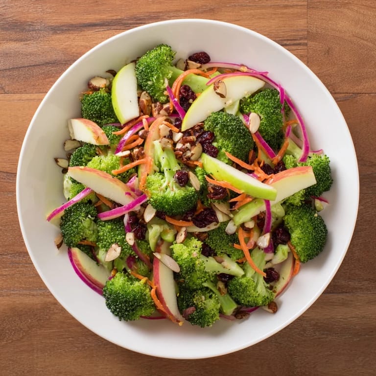 Ready-to-eat Broccoli and Apple Hot Girl Salad, featuring the zesty dressing and toasted almonds for a satisfying bite.