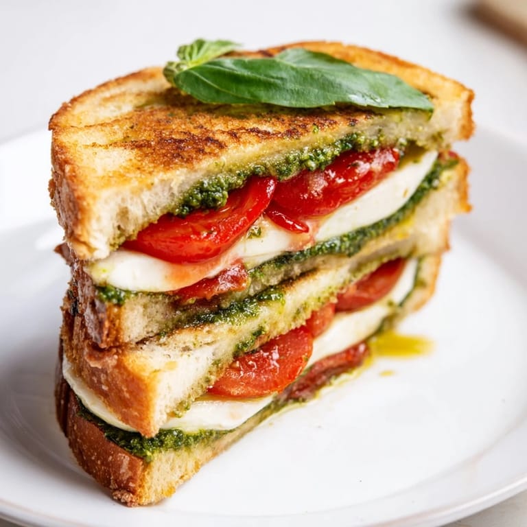 Savory Caprese Pesto Panini-Style Grilled Cheese, showing a melty cheese pull and fresh basil leaves.
