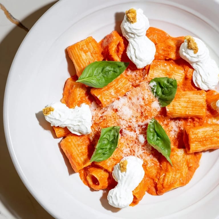 Close-up of Creamy Roasted Red Pepper Santa Hat Pasta; the red sauce and white ricotta make a festive plate.