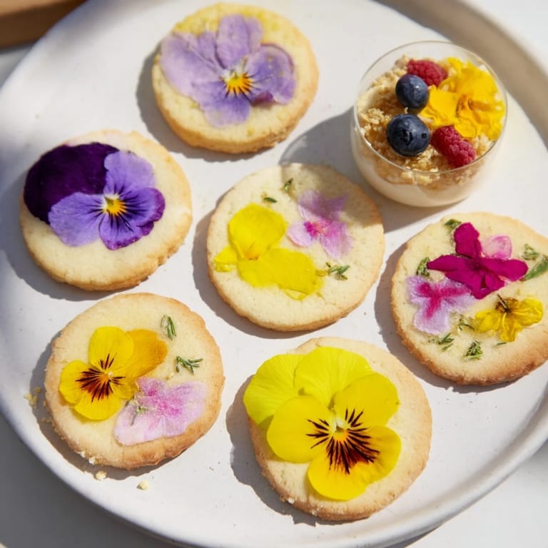 Delicate shortbread cookies and mini cakes comprise this Spring Flower Dessert Tray, garnished with blossoms.