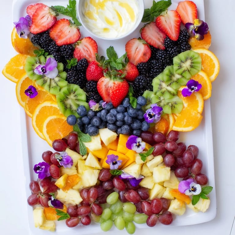 Vibrant Butterfly Garden Fruit Board features an array of juicy fruits and creamy yogurt dip, ready to enjoy.