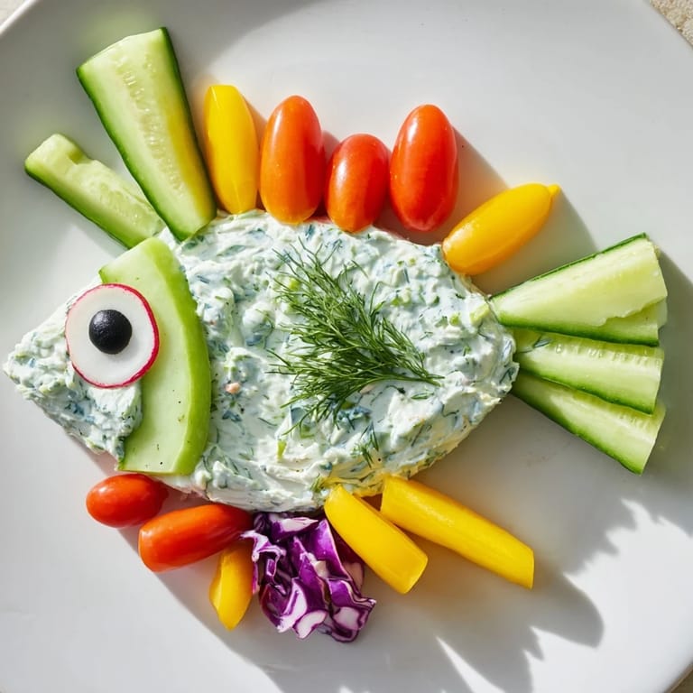 Brightly arranged Ocean Blue Fish-Shaped Dip Tray features an inviting party appetizer with dips and colorful vegetables.