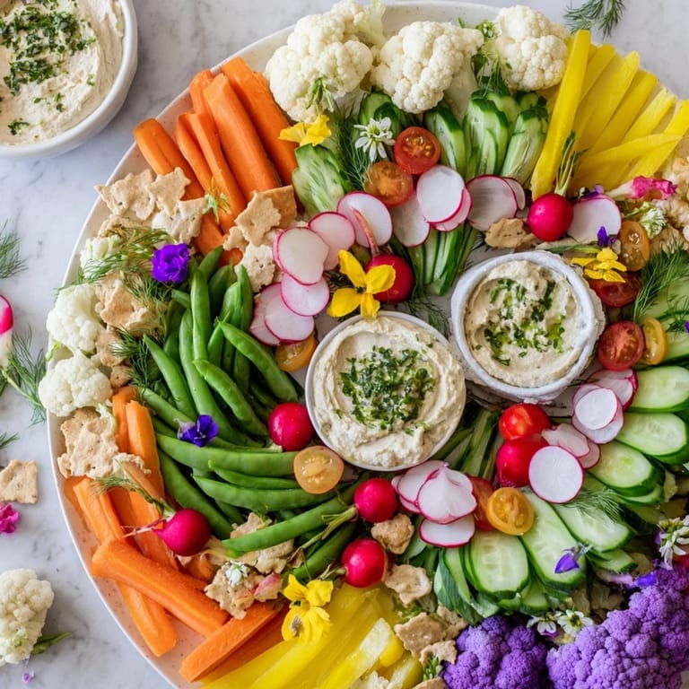 A gorgeous Spring Wreath Appetizer Platter, featuring vibrant vegetables and creamy dips perfect for sharing with friends.