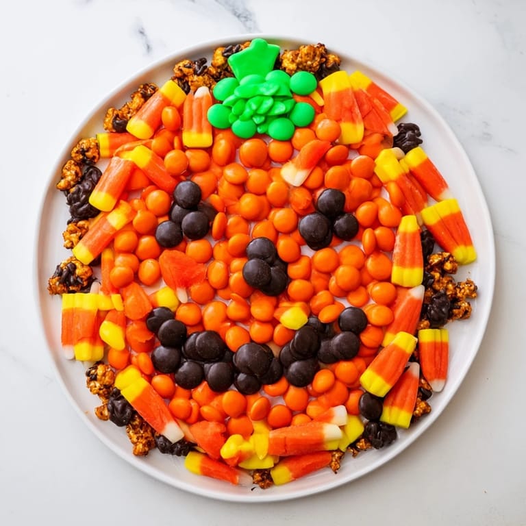 A festive arrangement of a Jack-o-Lantern candy board, featuring bright orange and black sweets.