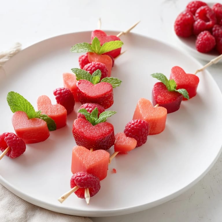 Sweet heart-shaped strawberries and watermelon making delightful red fruit skewers, ready to enjoy.