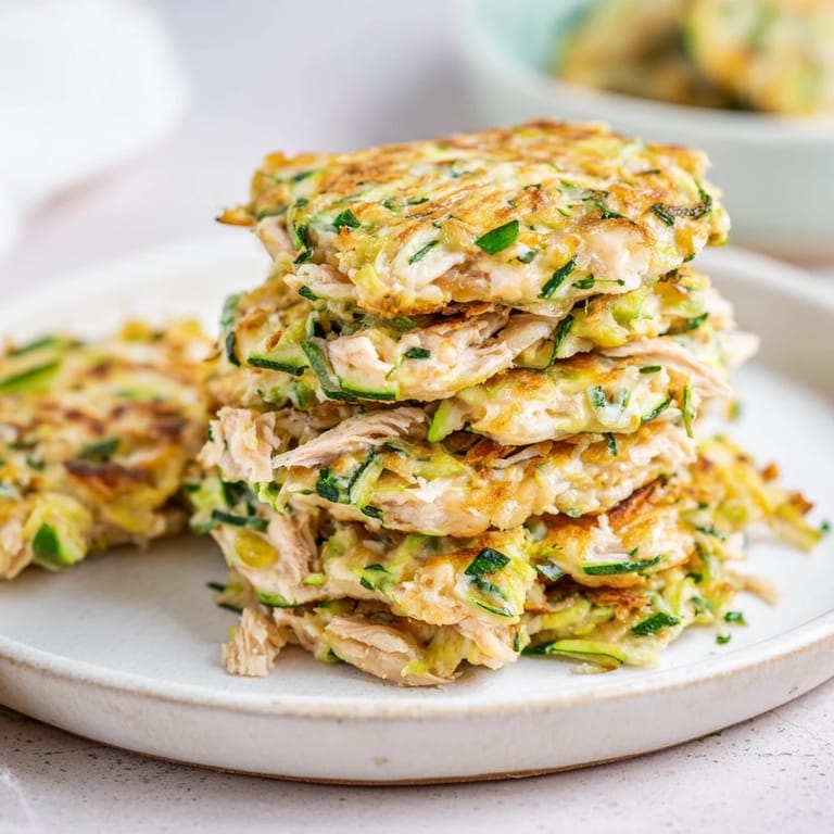 A close-up view of golden high-protein chicken zucchini fritters, showcasing the shredded chicken and zucchini texture.
