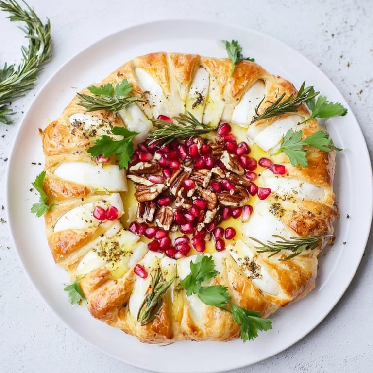 Elegant appetizer: Slices of Brie and sugared nuts nestled in a Pomegranate and Brie Wreath, ready to serve.
