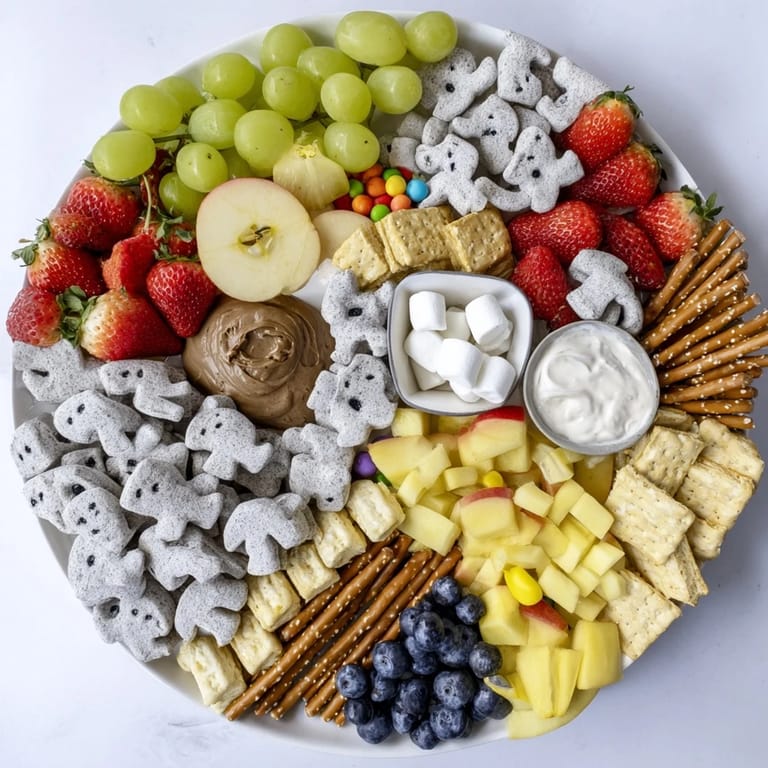 Delectable Animal Cracker Safari Board: easily enjoyed with animal crackers, fruit, and enticing chocolate hazelnut spread.