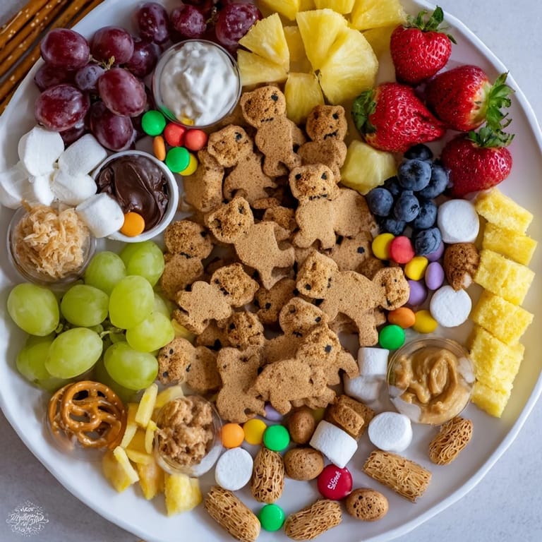 Delicious Animal Cracker Safari Board featuring an array of fresh fruit and creamy yogurt dips everyone loves.