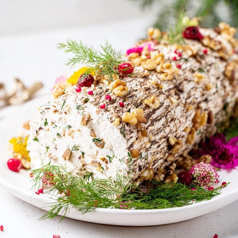 Elegant Yuletide Log Cheese Centerpiece rolled in nuts, decorated with sprigs and flowers ready to serve.