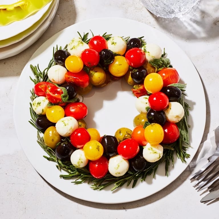 Vivid image of the olive and cherry tomato appetizer wreath, ready to be served and enjoyed.