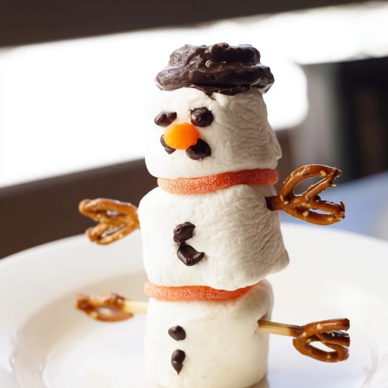 Enjoy a close-up of this delicious Marshmallow Snowman Stick Arrangement, ready for a fun winter dessert.