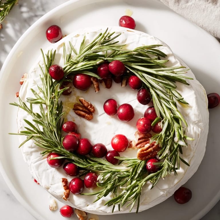Fresh rosemary wreath frames rich Brie Cheese Wheel, perfect with crackers and a drizzle of honey.