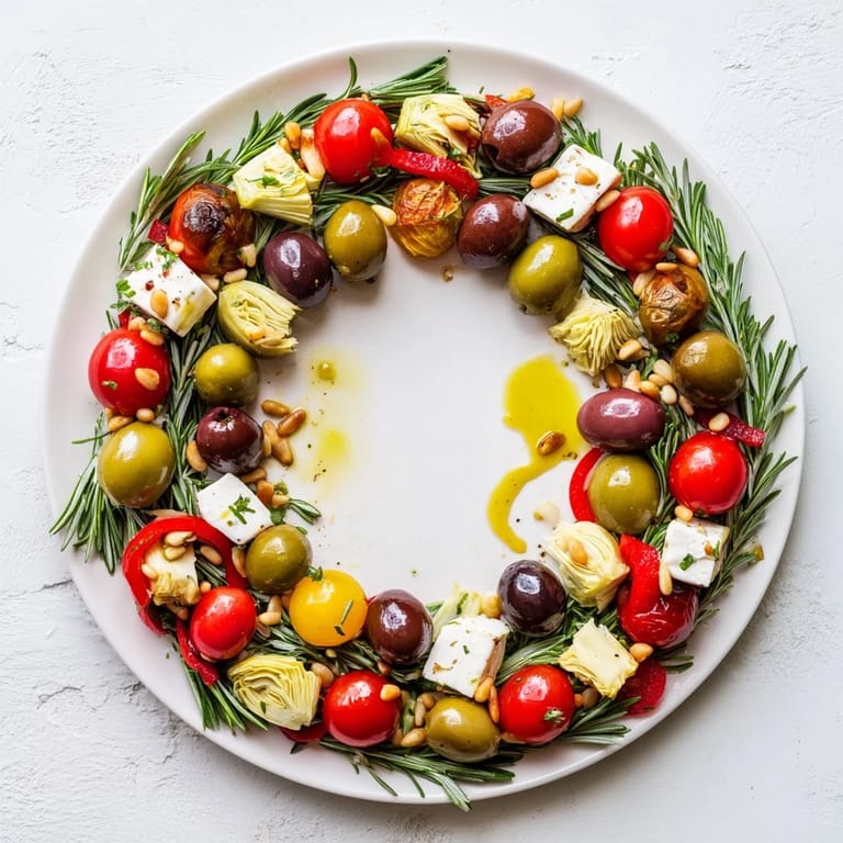 This Olive and Cherry Tomato Garland Board features vibrant colors and textures, ready to serve as a delicious appetizer.