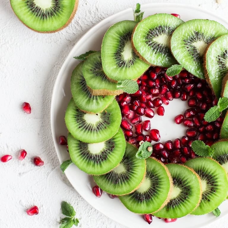 Vibrant photo of a kiwi and pomegranate Christmas wreath, showcasing glistening pomegranate seeds scattered on kiwi slices.