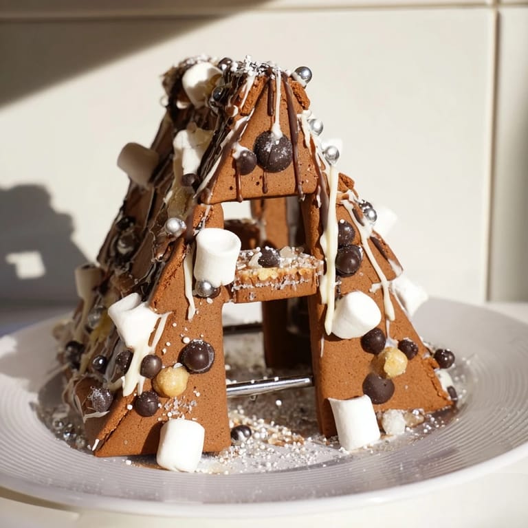 A festive, gingerbread house frame stands filled with treats, promising a delicious holiday feast.