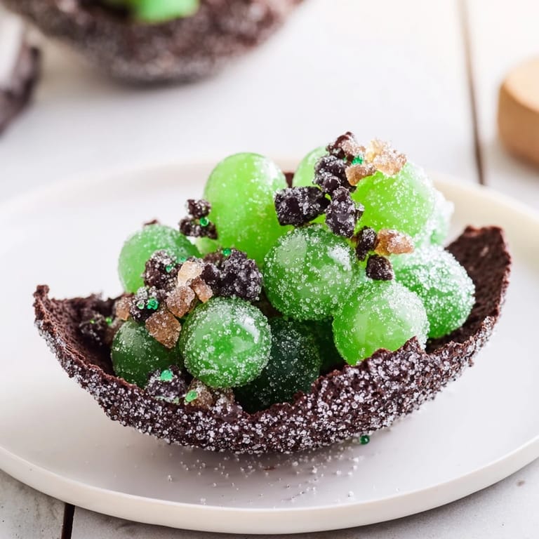 A close-up reveals The Crystal Cave dessert: dark crackers hold juicy grapes and crunchy rock candy.