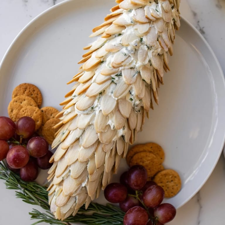 A close-up of a stunning Snowy Pinecone Centerpiece appetizer, inviting guests to enjoy the creative food art.