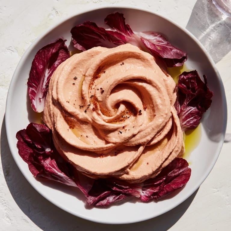 Close-up of The Velvet Rose showing swirls of red beet hummus and a crispy radicchio garnish on a plate.