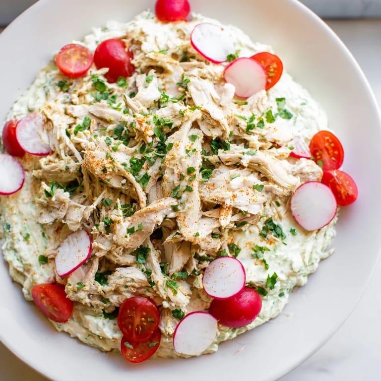 Enjoy a layered view of the delicious Green Goddess Chicken Nacho Dip with toppings, ready for sharing.