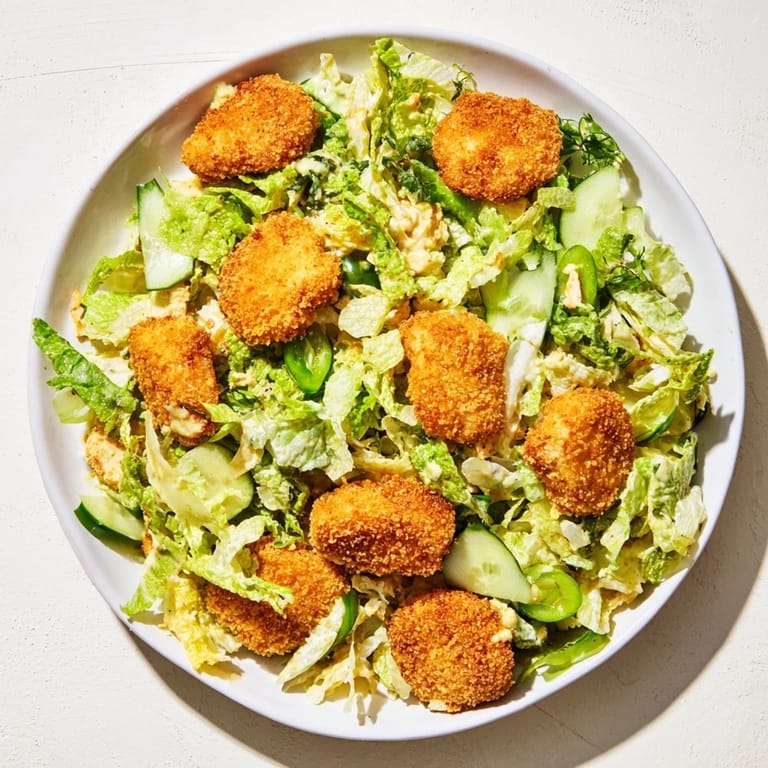 A close-up view of the delicious Green Goddess Nugget Salad, featuring crunchy nuggets and colorful veggies.