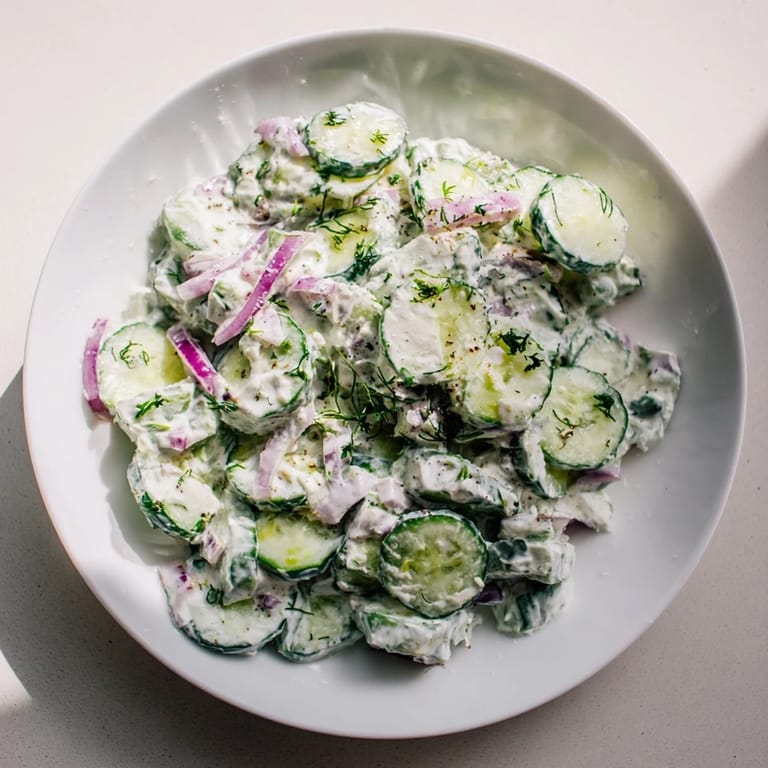 A close-up view of fresh Cucumber and Greek Yogurt Tzatziki Salad, ready to eat.