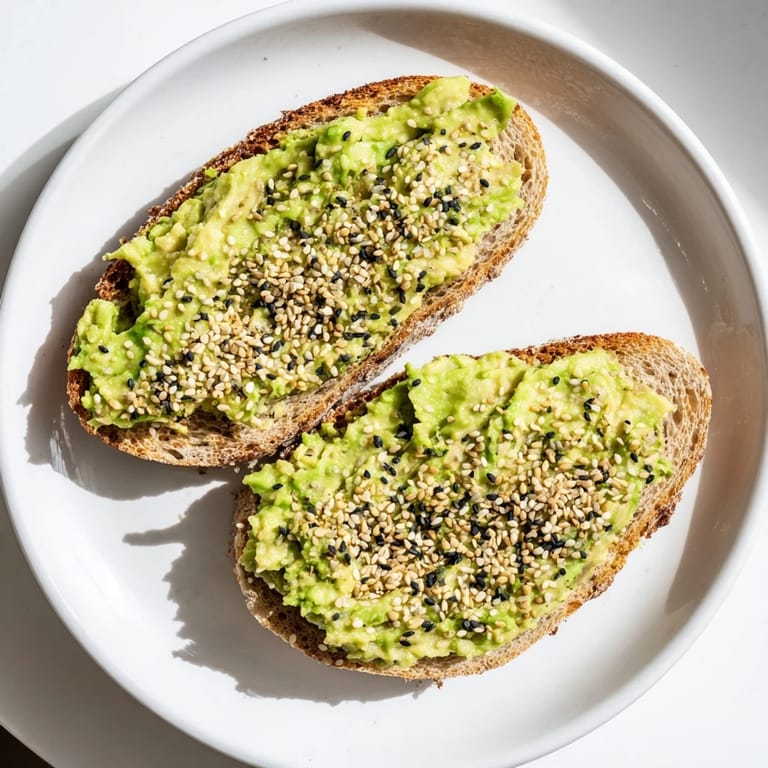 Imagine golden, crunchy avocado toast with everything seasoning, ready for a flavorful bite.