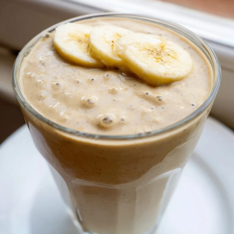 Enjoy a cold, nutritious glass of Peanut Butter Banana Smoothie, with ripe bananas and creamy yogurt.