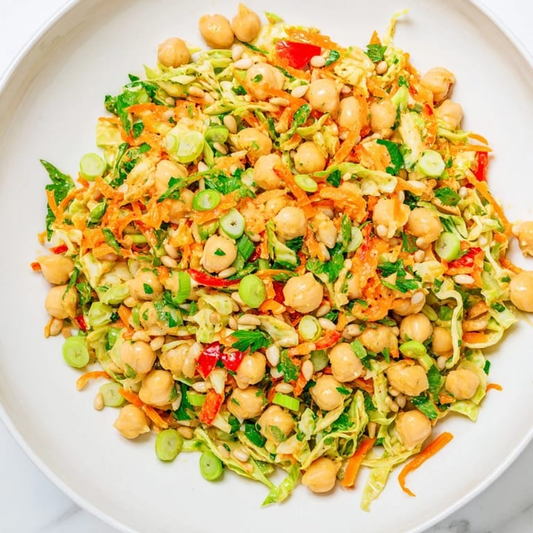 A bowl overflowing with a delicious fiber-forward chickpea salad, ready and waiting to be enjoyed.