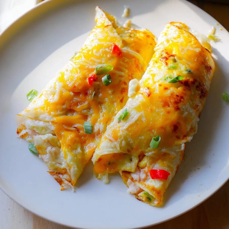 A close-up of a perfectly cooked Rice Paper Egg Cheese Wrap, showing the bubbly, melted cheese inside.