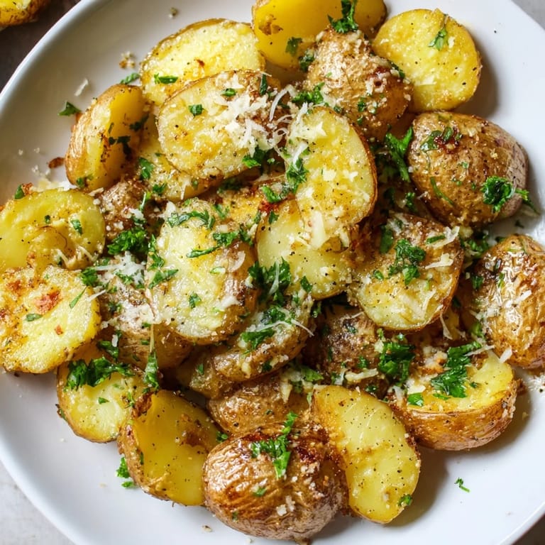 A close-up of crispy Garlic Parmesan Potatoes, garnished, showing golden brown perfection, ready to eat.