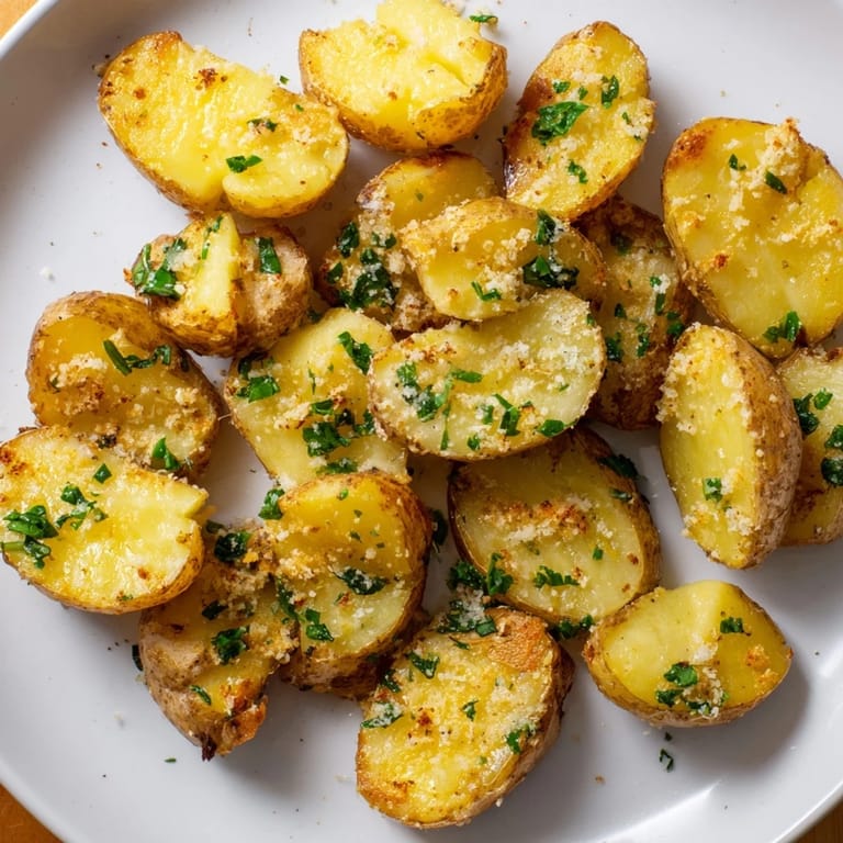 Smashed Garlic Parmesan Potatoes, baking in the oven for extra crispiness and irresistible flavors.