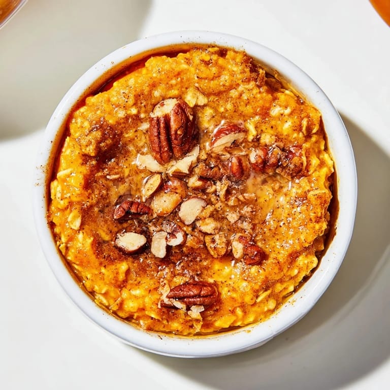 A close-up shot of fluffy Pumpkin Spice Baked Oats, showcasing the cozy autumn spices and texture.