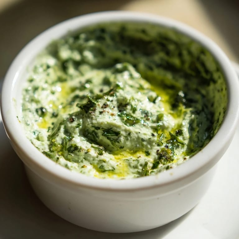 A close-up of fresh herbs blended into bright Green Goddess Dip, perfect for any occasion.