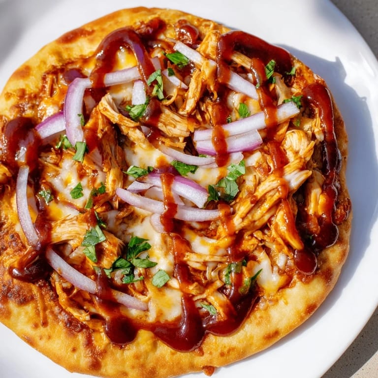 Homemade BBQ Chicken Flatbread: savory chicken and veggies baked atop a crispy flatbread.